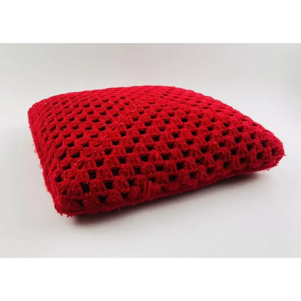 Vintage Pillow Handmade Crochet Knit Boho Granny Retro Red W/ Insert Cover 17”